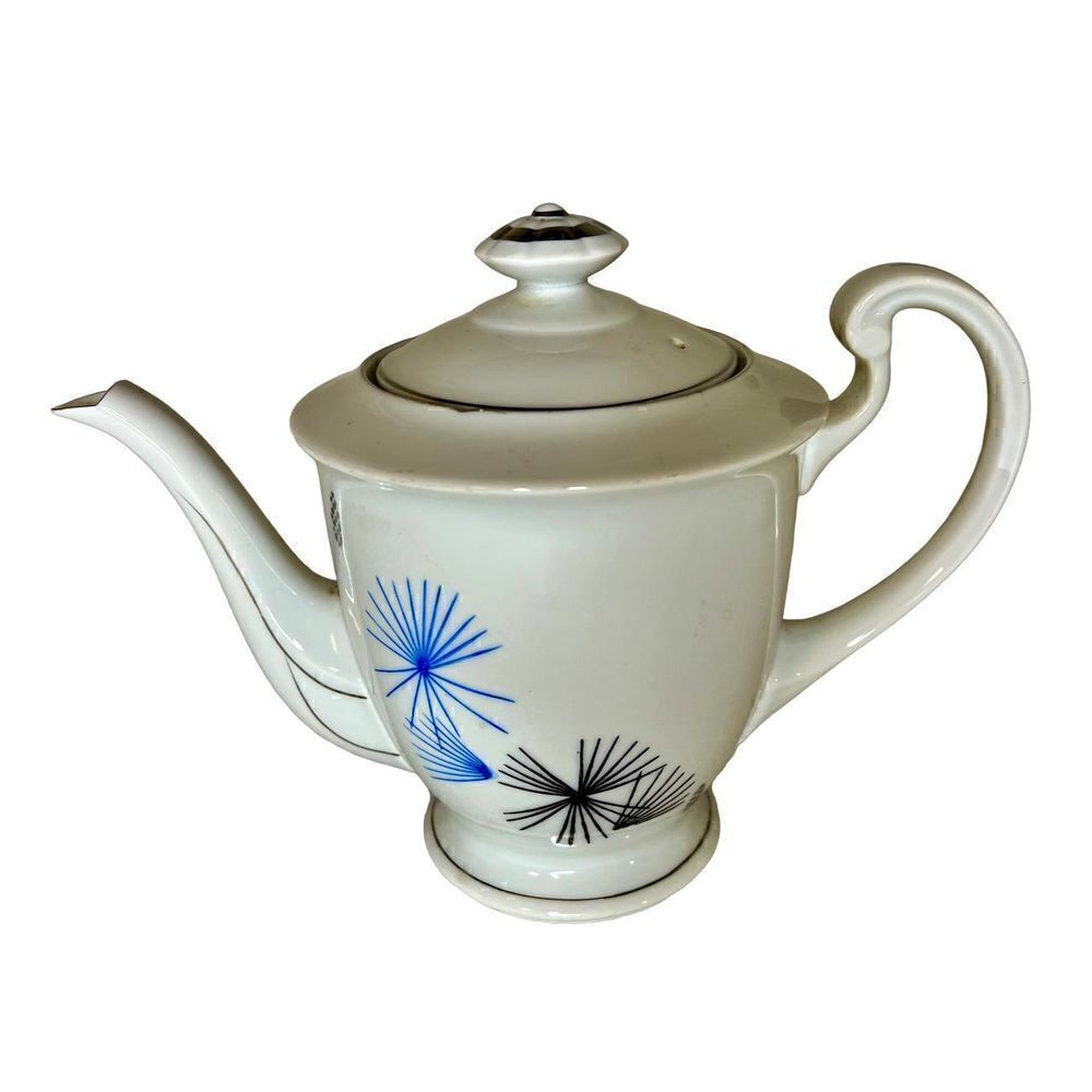 Vtg Arita MCM Teapot W/ Pinecones, Blue & Black Atomic Stars Hand Painted Japan